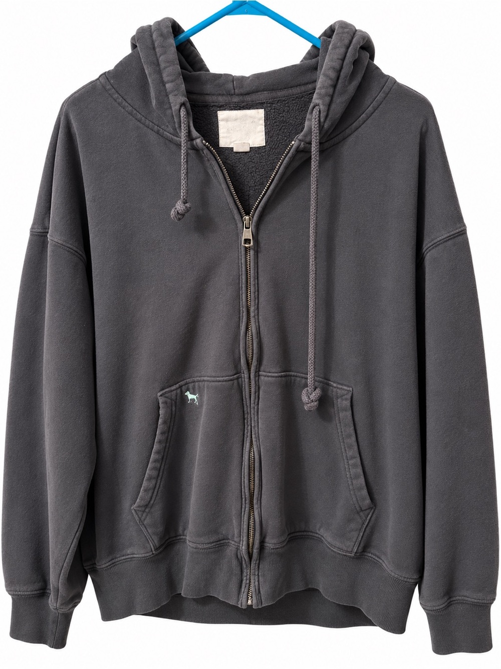 American Eagle L/XL charcoal Gray Distressed Zip Up Hoodie Floral Embroidery